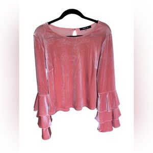 Sugar + Lips Pink Velvet Bell Sleeve Top Fairycore Soft Glam Boho Blouse M